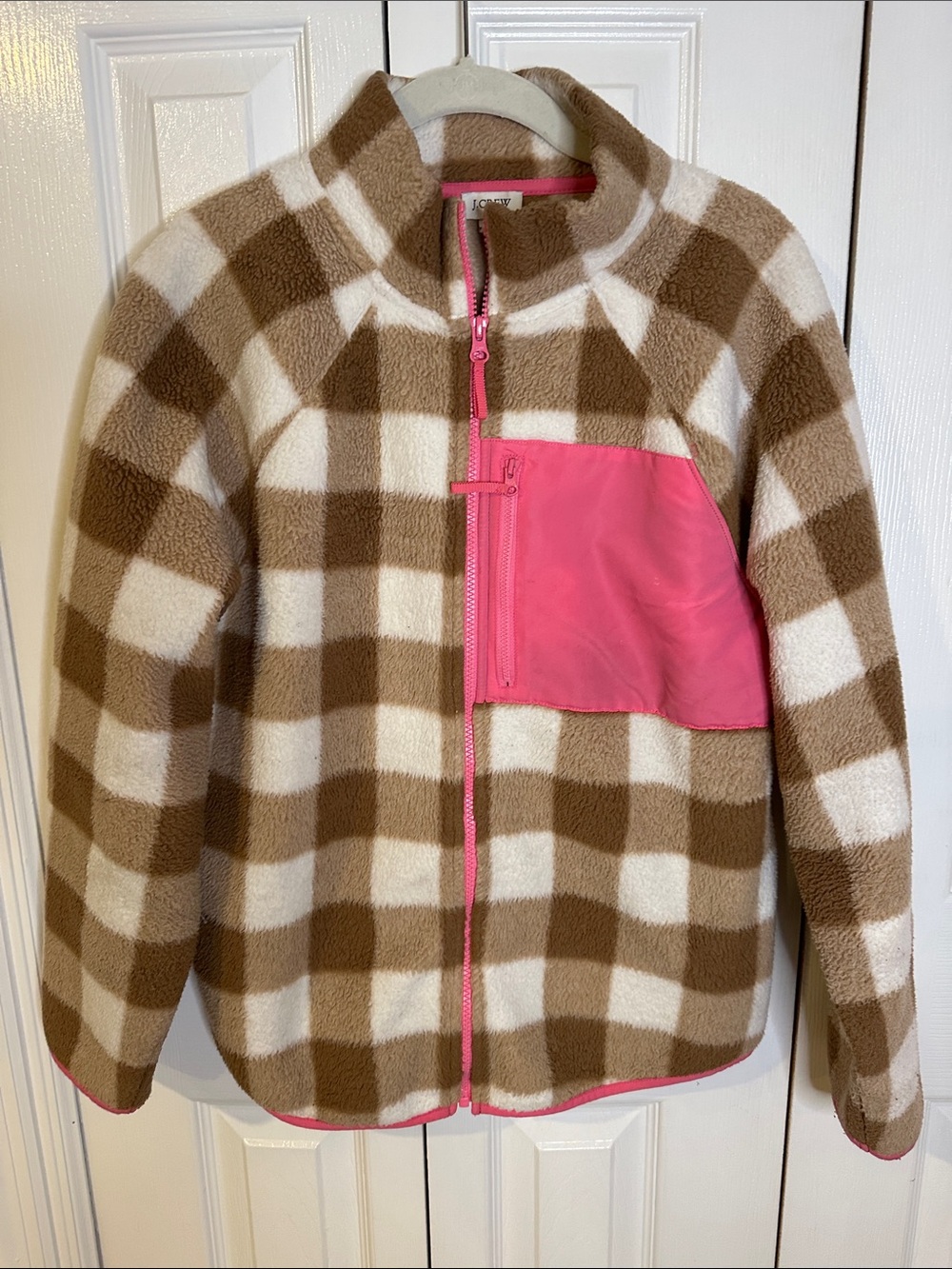 J. Crew Brown & Cream Plaid Fleece Jacket with Pink Trim